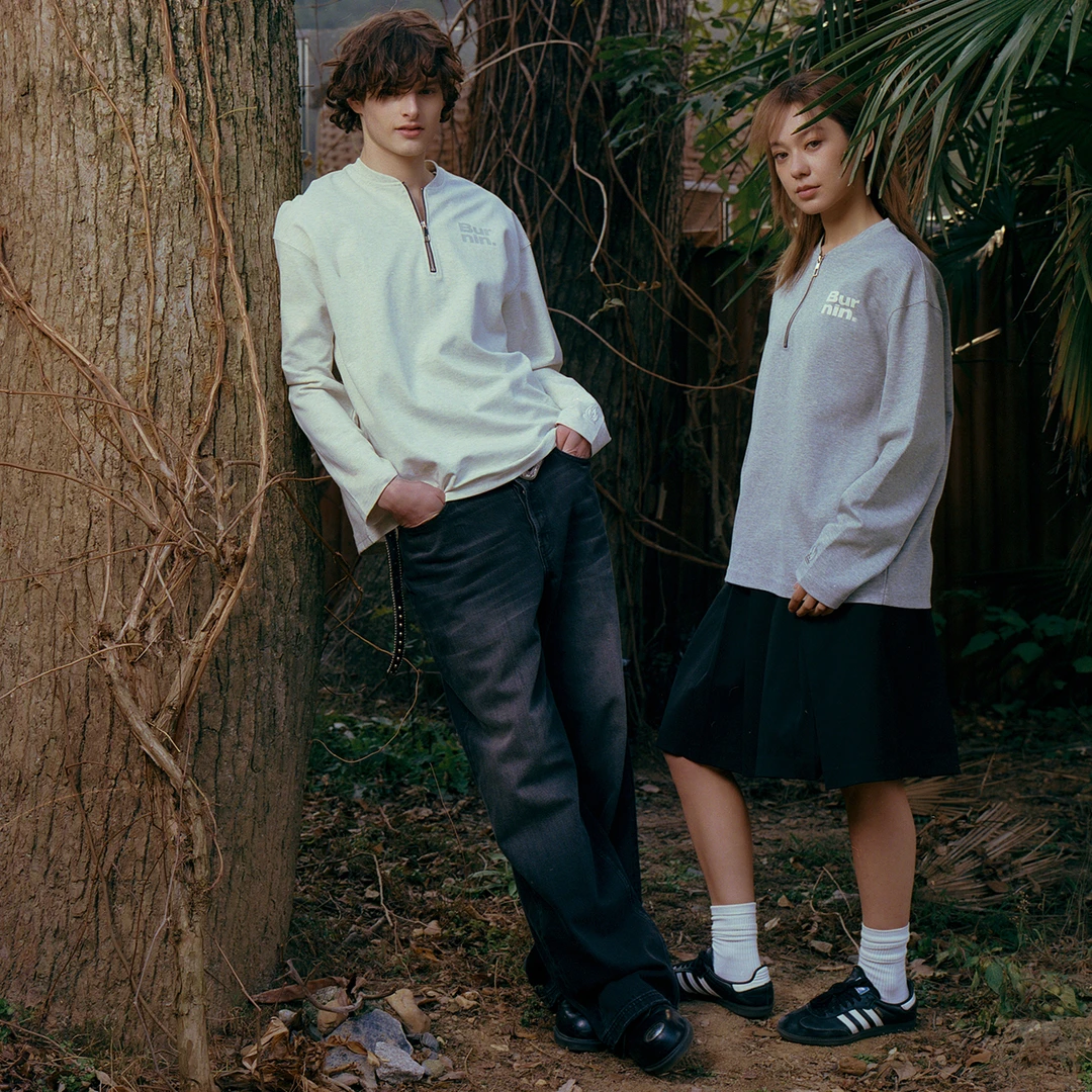 BURNIN*半拉链新疆长绒棉针织冰感长袖打底T恤百搭情侣宽松V领