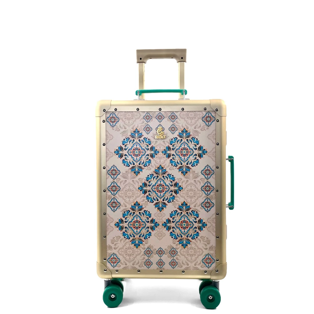 环旅者全铝镁合金米色国风覆皮拉杆箱复古轻奢旅行箱全铝箱行李箱