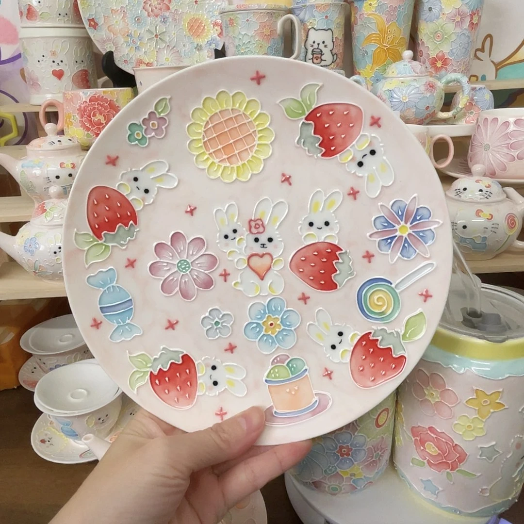 瓷片玉泥8寸盘子兔子