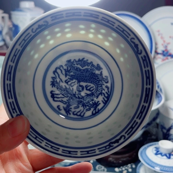 青花玲珑5寸饭碗龙纹