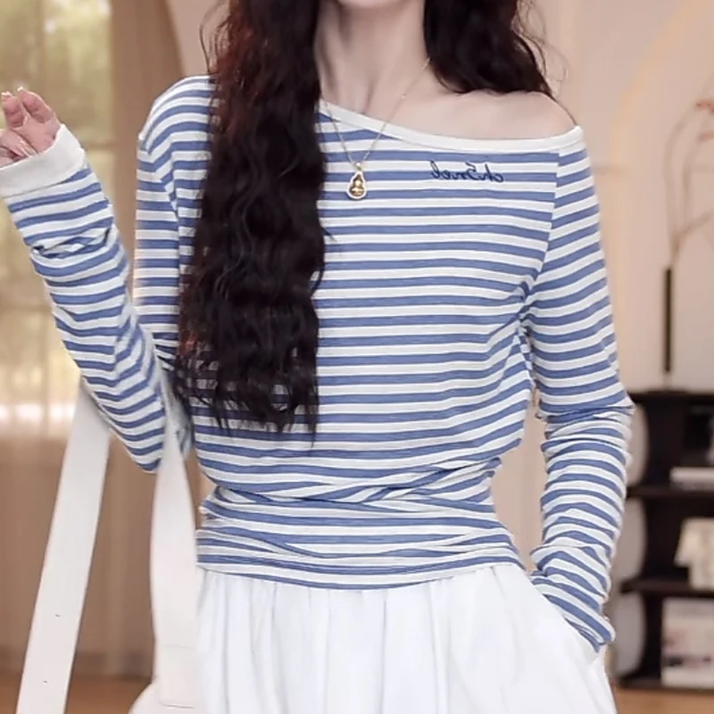 2025年新款春夏款修身百搭斜肩字母条纹长袖修身百搭t恤女上衣潮