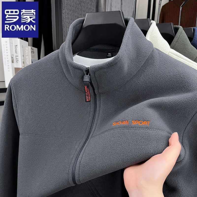 罗蒙纯色立领开衫卫衣秋冬季时尚抓绒男士外套潮流中青年宽松上衣