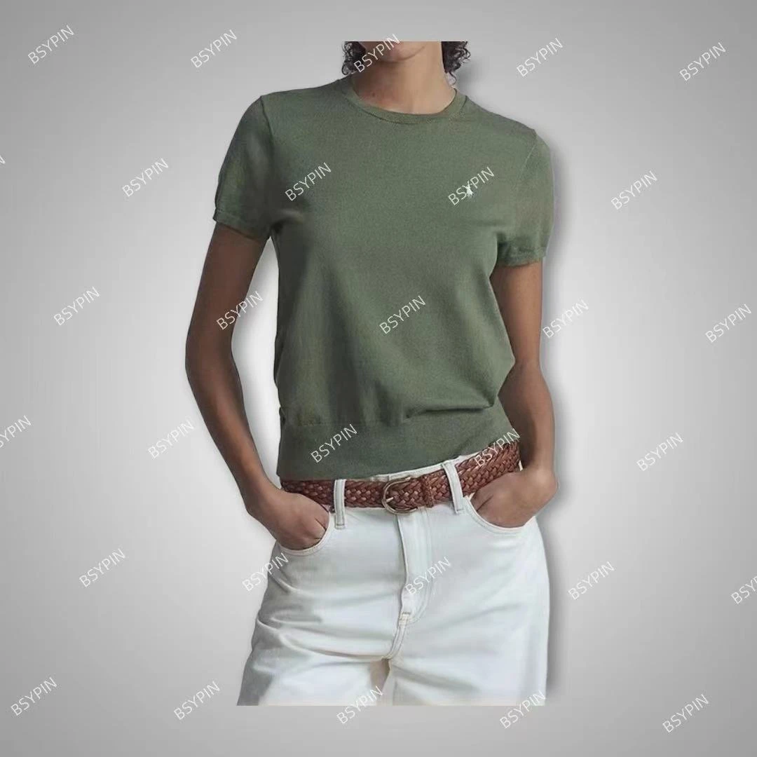 BSYPIN/伯尚优品女式新款圆领常规时尚百搭纯色刺绣针织短袖