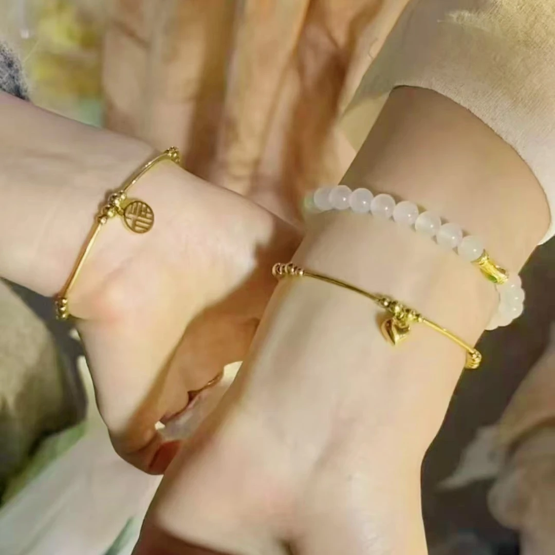 钛钢手链 钛钢手链 周家同款爱心小圆珠弯管手链百搭手链福牌弯管