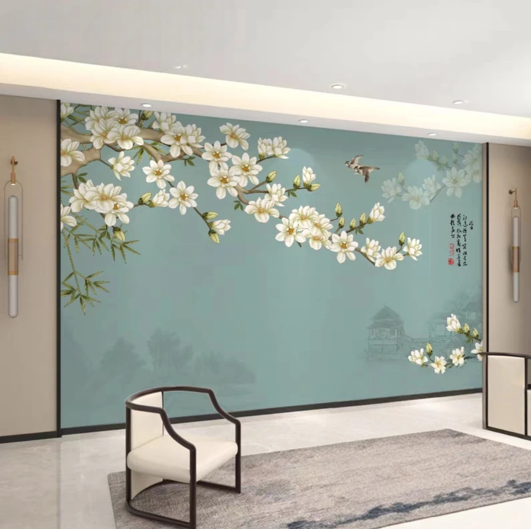 电视背景壁纸中式大气花鸟水墨山水意境风景壁画客厅卧室民宿壁布