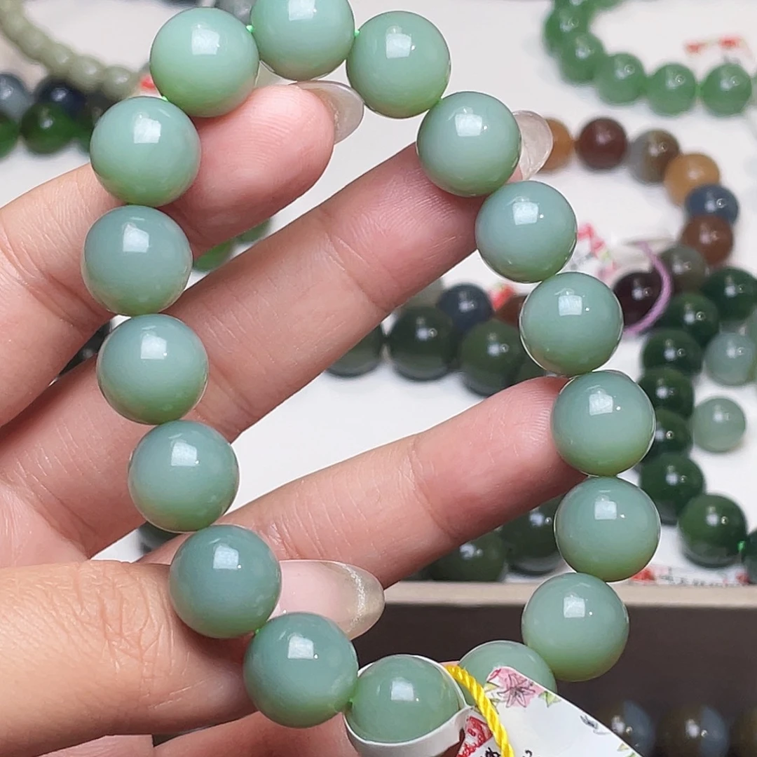 未镶嵌手链和田玉（碧玉）粉青12 俄 特细