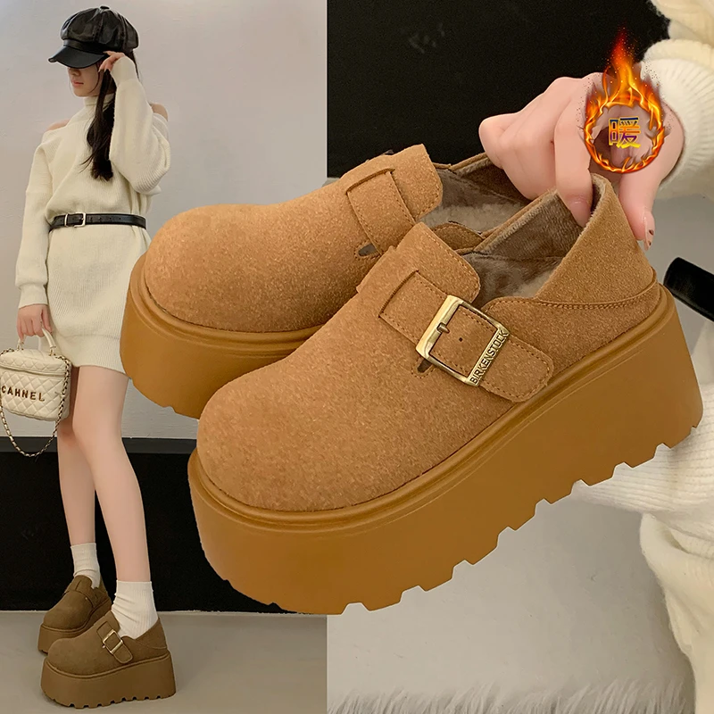 复古全包勃肯鞋女2025新款冬季加绒松糕厚底乐福鞋女网红爆款棉鞋