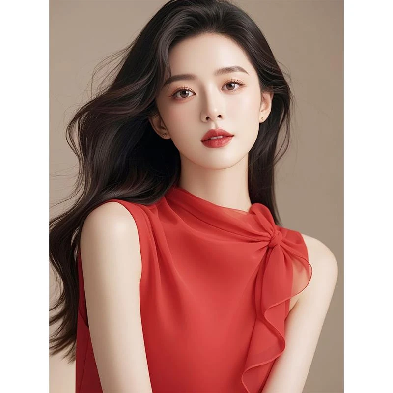 法式独特漂亮红色雪纺衬衫女装洋气高端别致小衫淑女气质无袖上衣