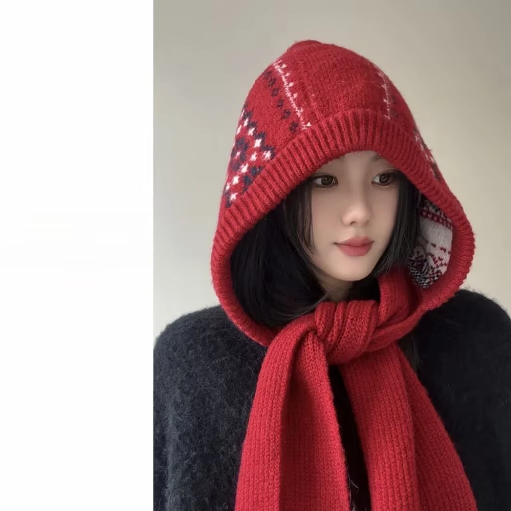美拉德费尔岛羊毛混纺巴拉克拉法帽子女秋冬季保暖围脖一体毛线帽
