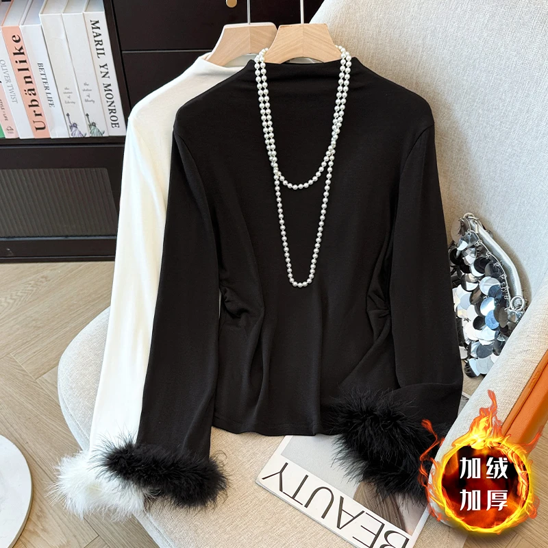 【加绒加厚】毛毛袖半高领打底衫长袖设计感百搭修身显瘦洋气上衣