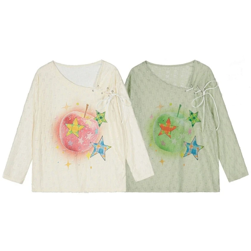 水果印花露肩绑带长袖恤女秋季美式潮牌辣妹慵懒风宽松上衣服装