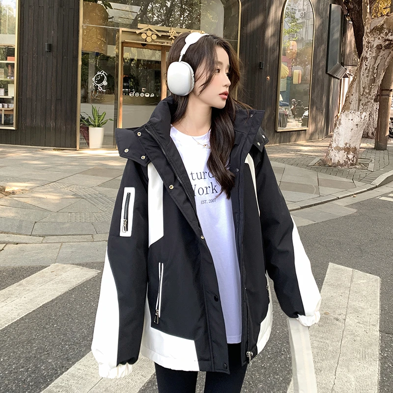 2025年冬季新款羽绒棉服女撞色棉衣韩版时尚宽松加厚冲锋衣外套潮