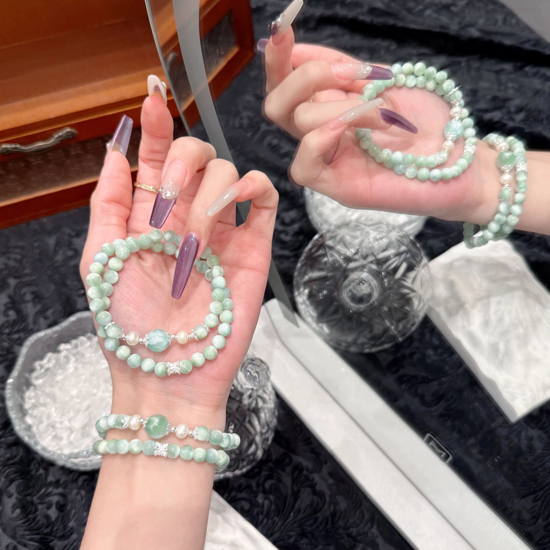 【薄荷甜酒】天然海纹石水晶手串高级感温柔双圈女生百搭珍珠手饰