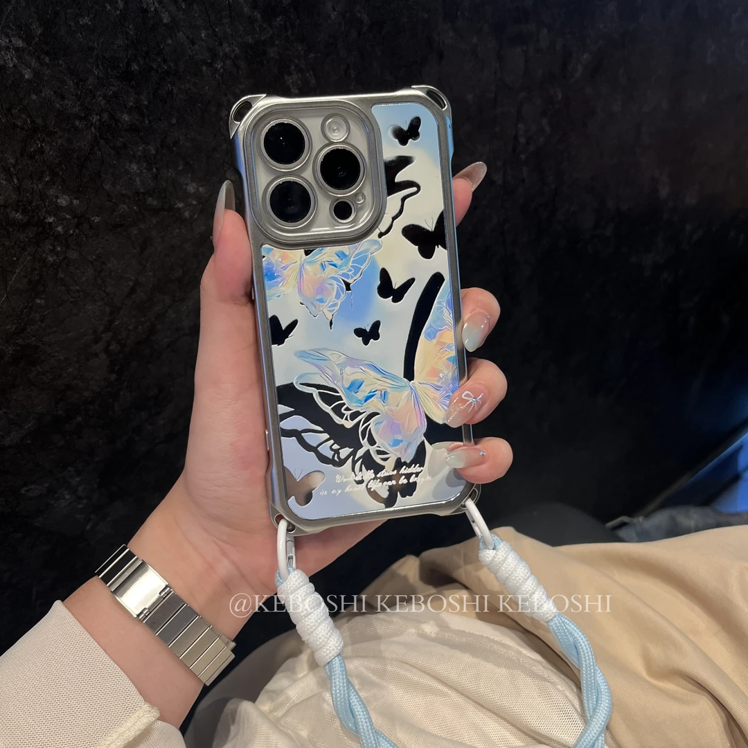 渐变蝴蝶适用苹果16手机壳华为oppo荣耀vivo小米四角防摔挂绳镜面