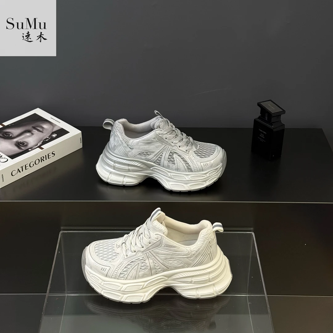 SuMu/速木2025夏季新款百搭休闲鞋女厚底增高真皮网面透气老爹鞋