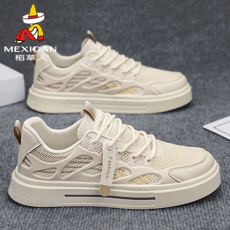 稻草人鞋子男款夏季新款透气网面板鞋轻便防滑潮流运动休闲小白鞋