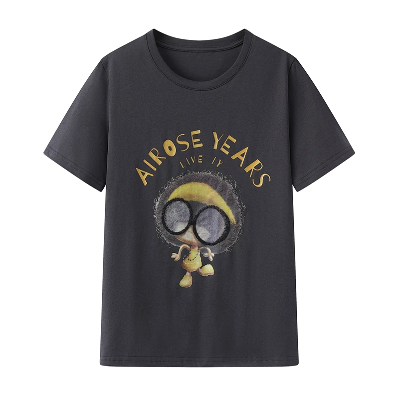 艾诺丝商场同款2025夏少女风灰色简约中长款圆领印花短袖T恤6150