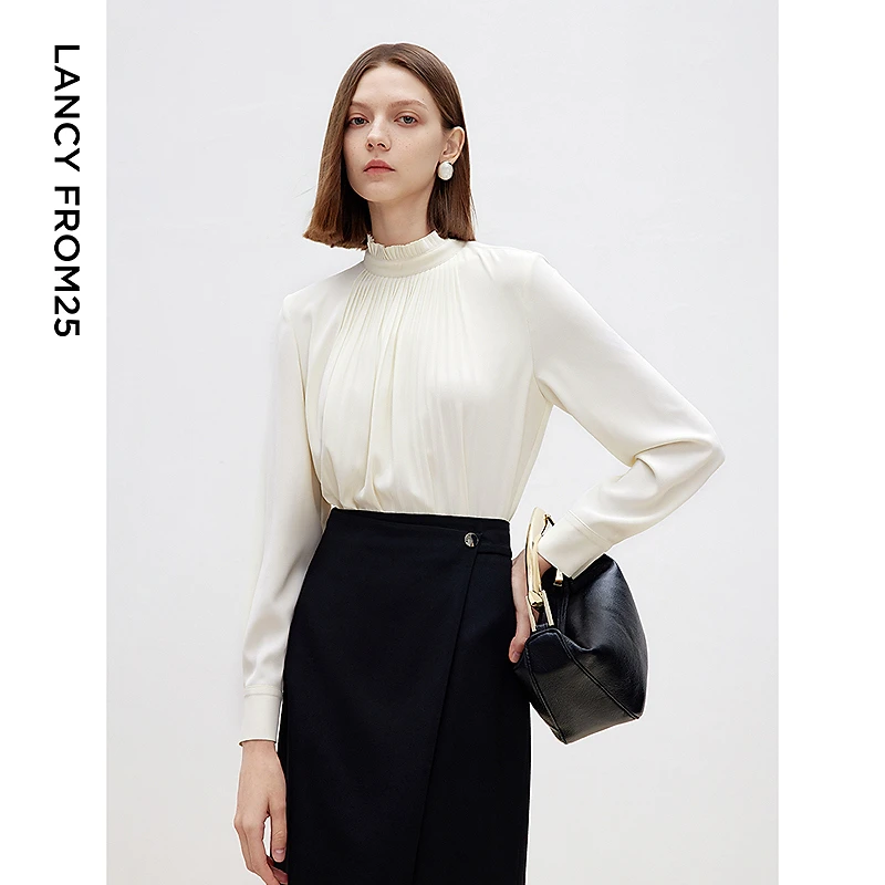朗姿法式复古高级感设计感内搭白色长袖立领衬衫女2025年春季新款