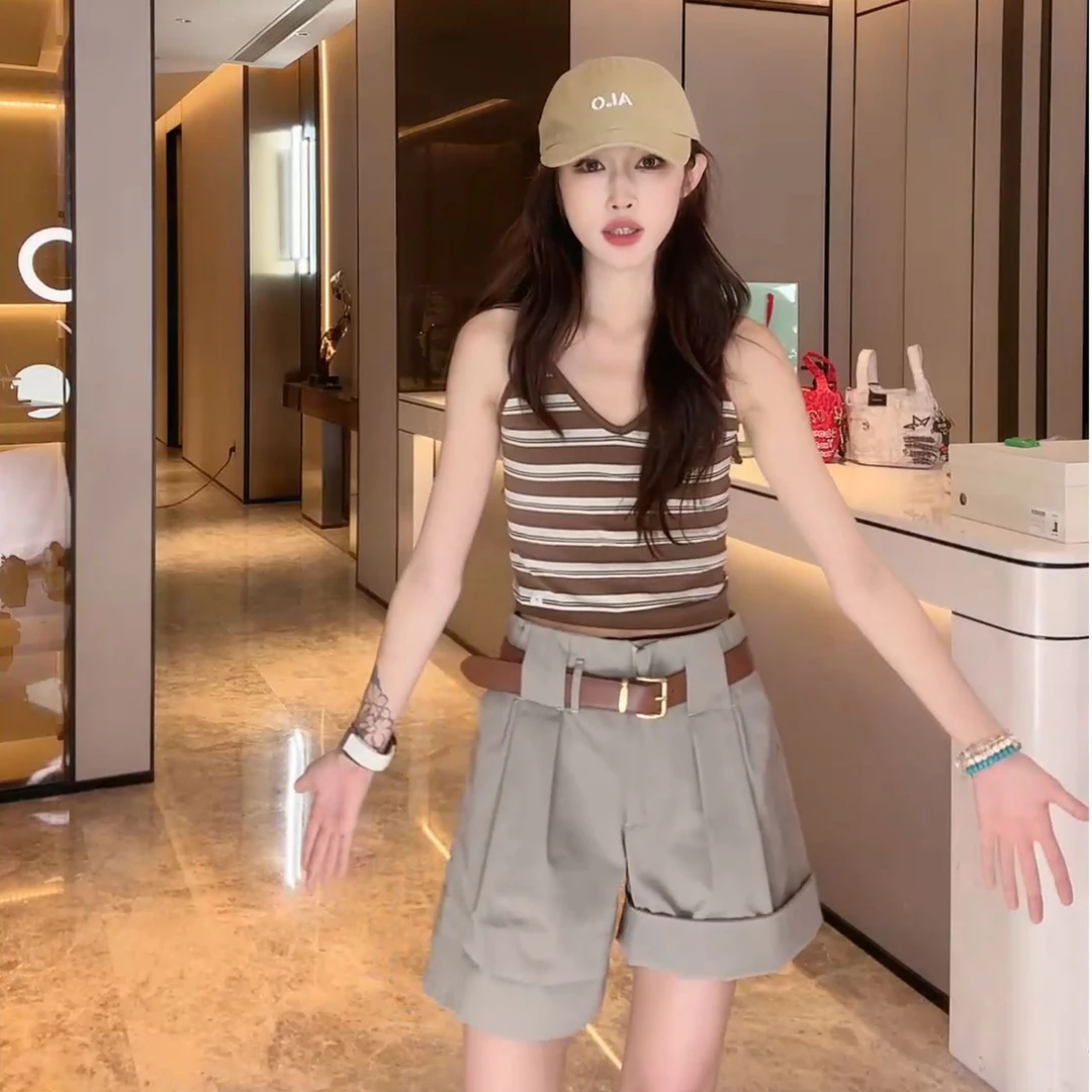 PCNY「澜梦逸裤」不理理夏季新款女装休闲百搭舒适时尚洋气百褶短裤