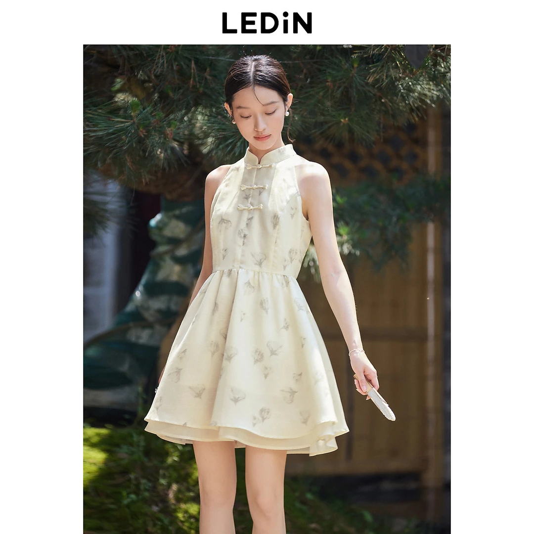 【声声乌龙】乐町新中式盘扣挂脖裙24夏新款碎花短裙国风无袖连衣裙