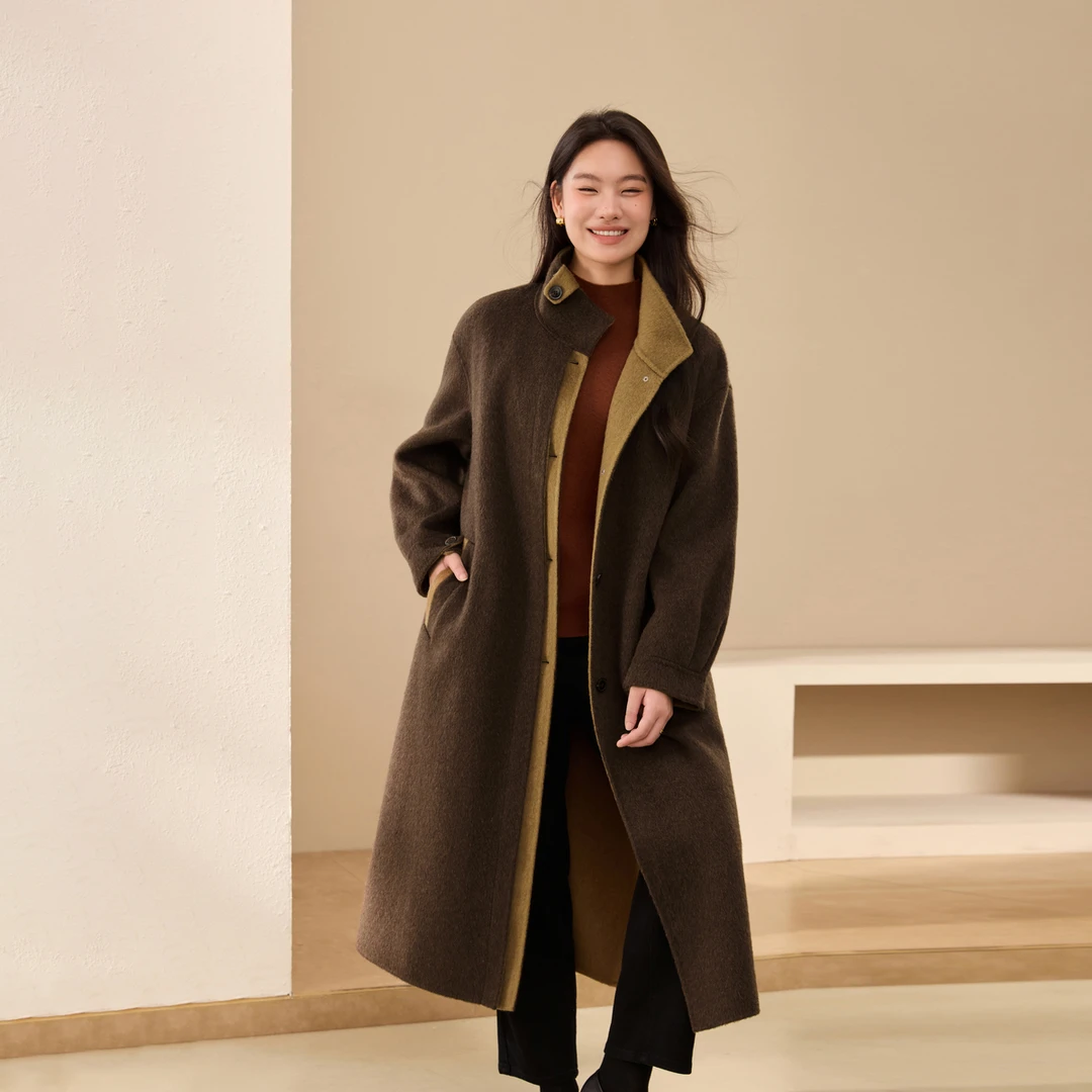 【琥珀】纤莉秀A大码女装加厚流光风100绵羊毛双面呢毛呢外套QK3049