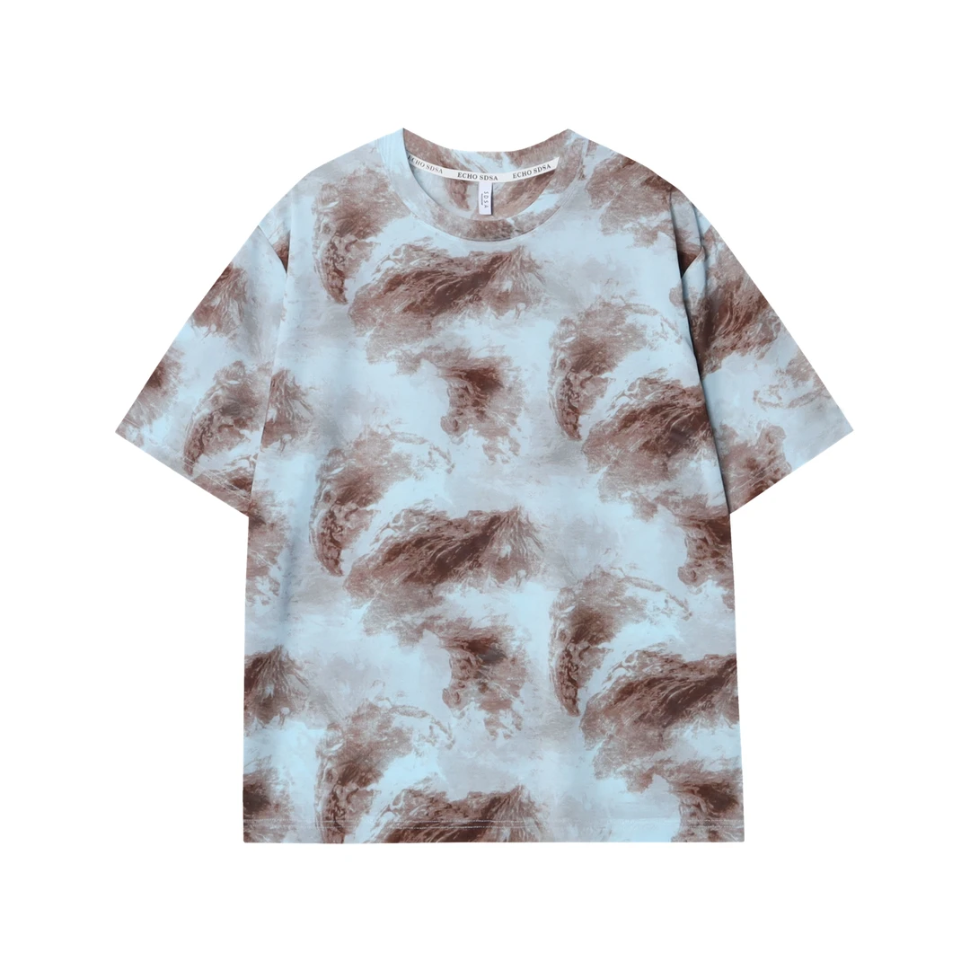 T761新款水洗扎染男女T恤圆领潮流上衣设计感百搭时尚休闲短袖