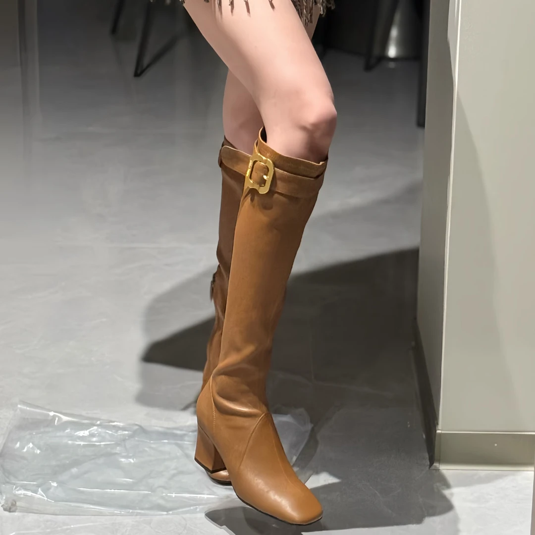 张元英同款M家秋冬方头粗跟长靴气质百搭高筒靴显瘦显腿长靴子女