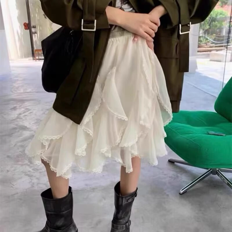 【旋转芭蕾】重工雪纺不规则斜裁拼接蕾丝半身裙褶皱蛋糕裙蓬蓬短裙