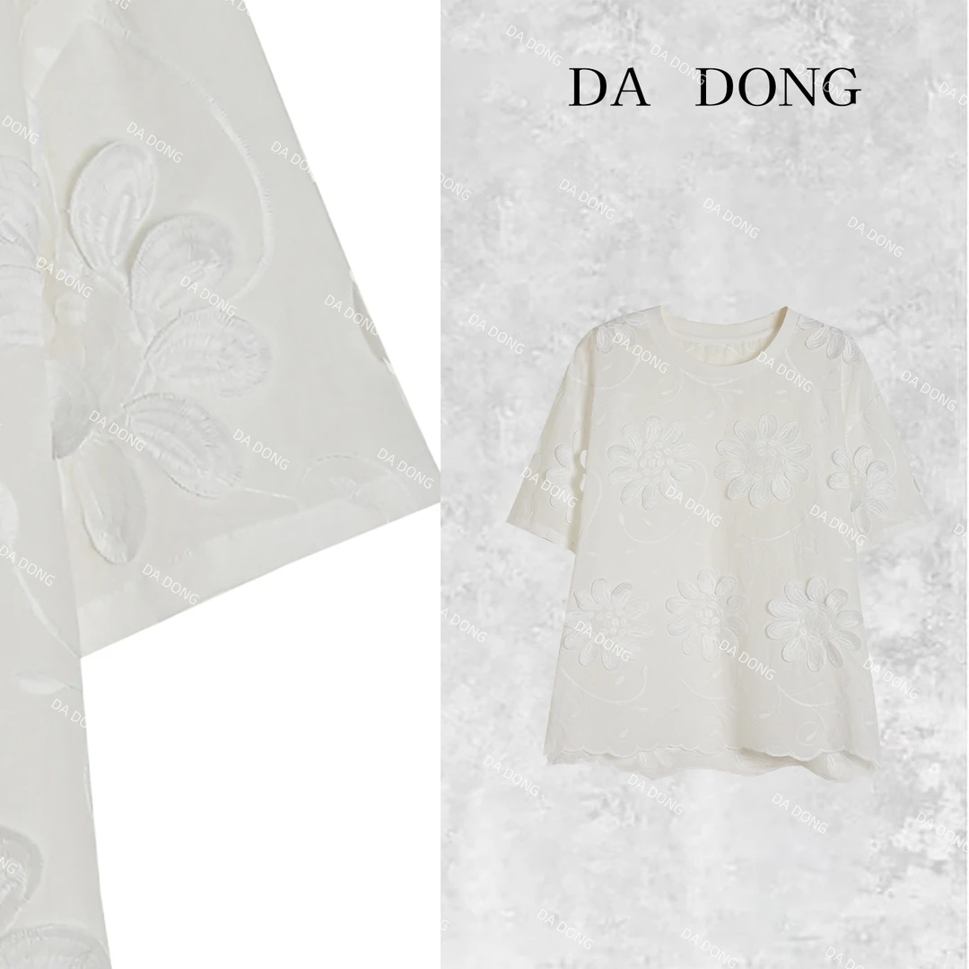 花朵短袖--新中式国风气质时尚百搭洋气夏季宽松休闲复古圆领T恤