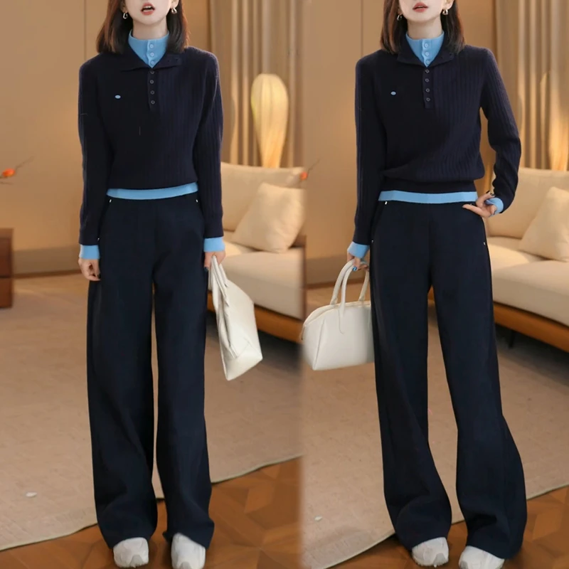 2025冬季超火两件套新款假两件针织上衣显瘦加厚保暖长裤百搭套装