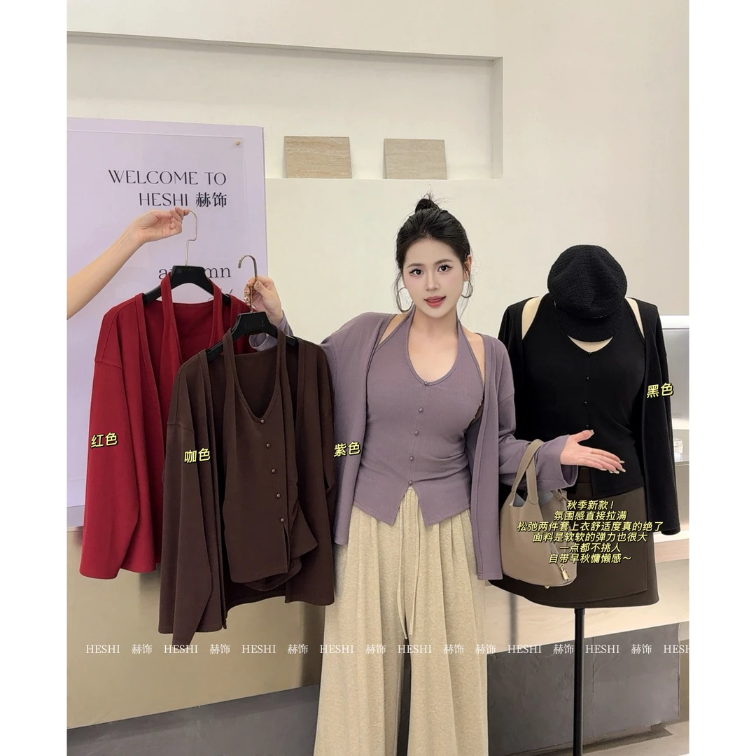 胖MM新款2025秋季微胖遮肉显瘦气质上衣两件套09003D