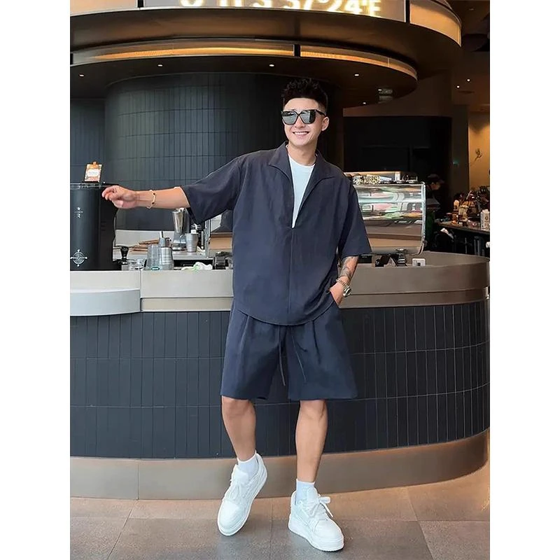 特大码300斤老钱风亚麻假两件套男装夏季薄款短袖短裤ins运动套装