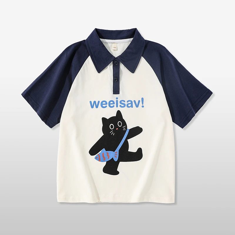 女大童短袖T恤新款夏季中大童初高中洋气时髦卡通印花POLO衫女孩t