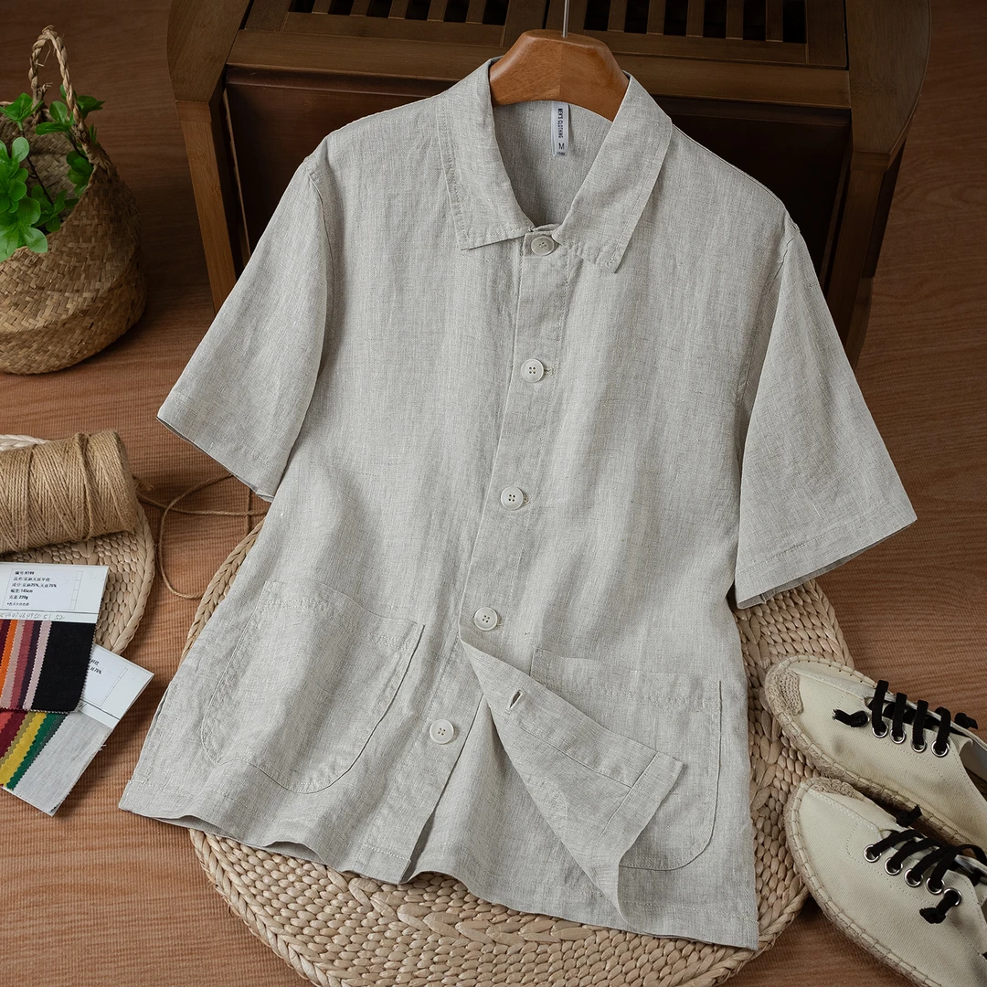 麻尚生活亚麻短袖上衣夏季薄款纯色衬衫男休闲青年大码宽松衬衣