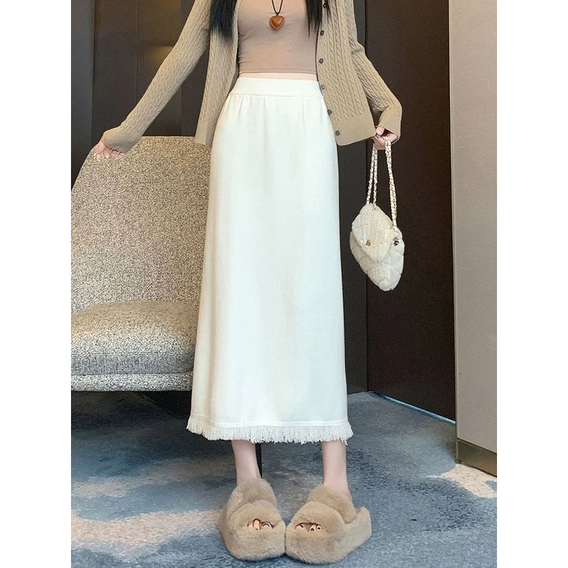 流苏加厚针织半身裙女秋冬显瘦一步裙中长款后开叉直筒毛线包臀裙