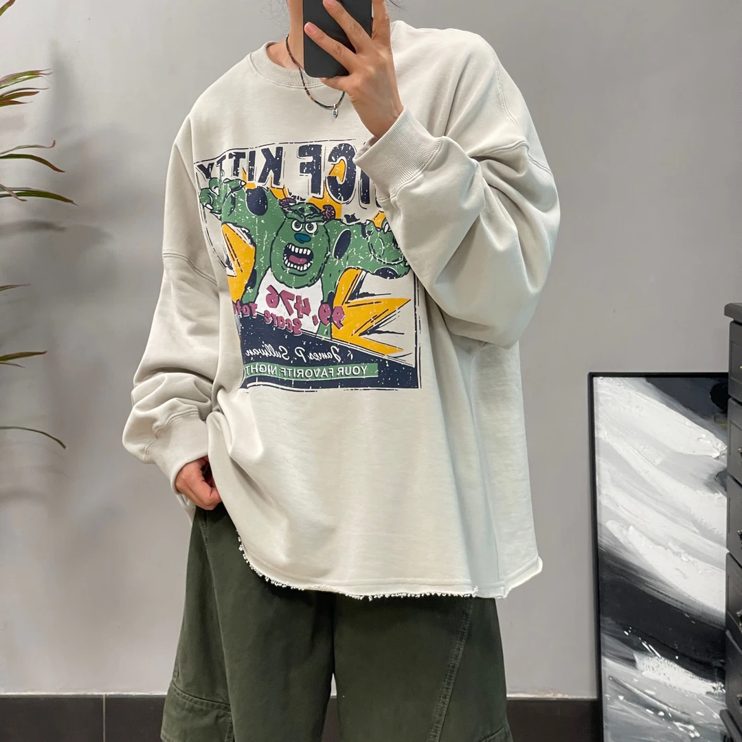 0212秋季卫衣休闲百搭宽松潮流印花圆领韩版复古长袖高街港风款式