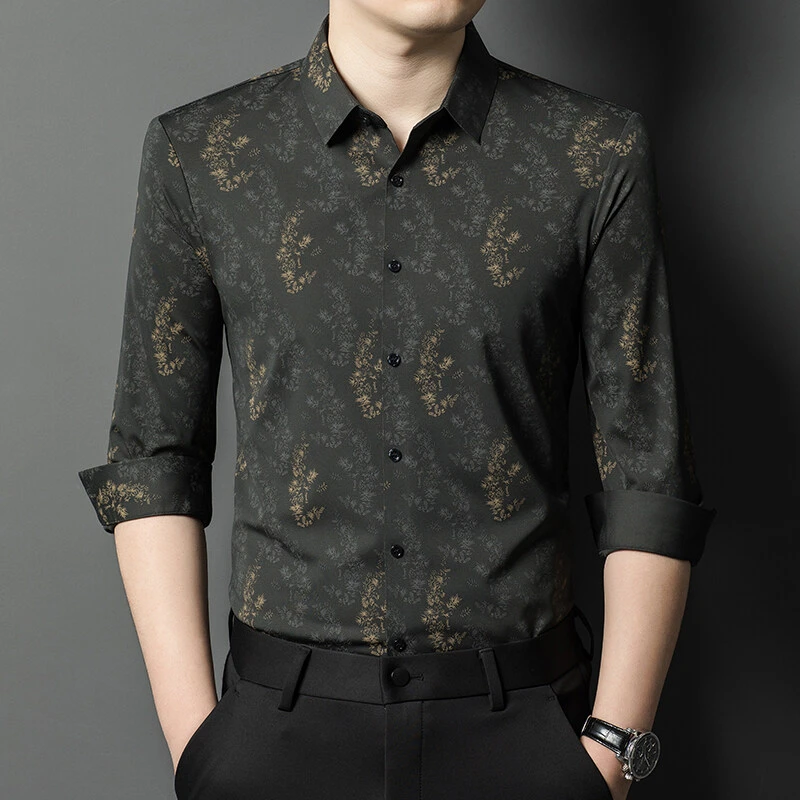 无痕长袖碎花衬衫秋季新款衬衣休闲印花垂感锦氨上衣