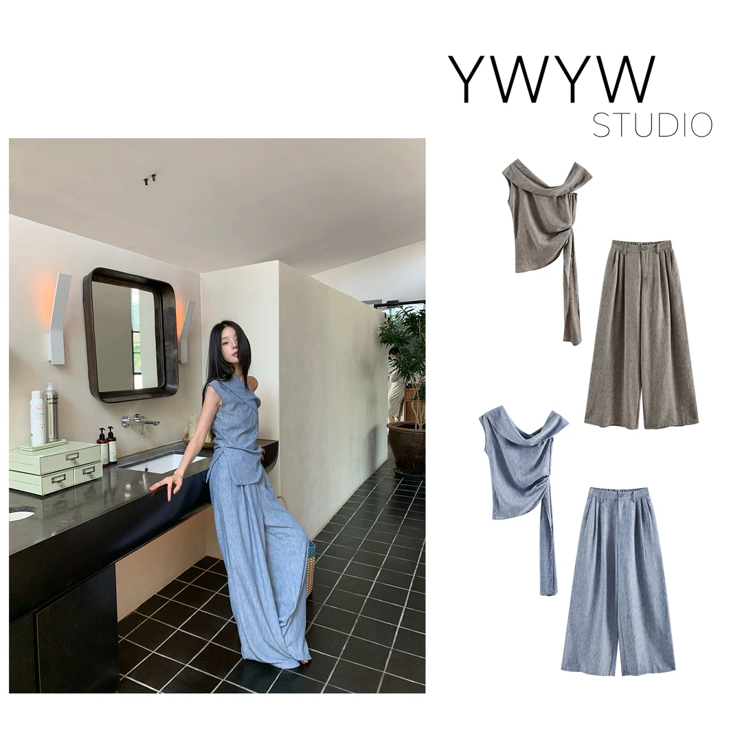 夏季露肩半开领不对称开衩捏褶上衣+阔腿垂感宽松休闲裤套装5252