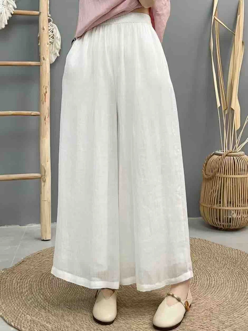 夏季新款文艺苎麻薄款双层大裤脚阔腿裤高腰显瘦休闲长裤
