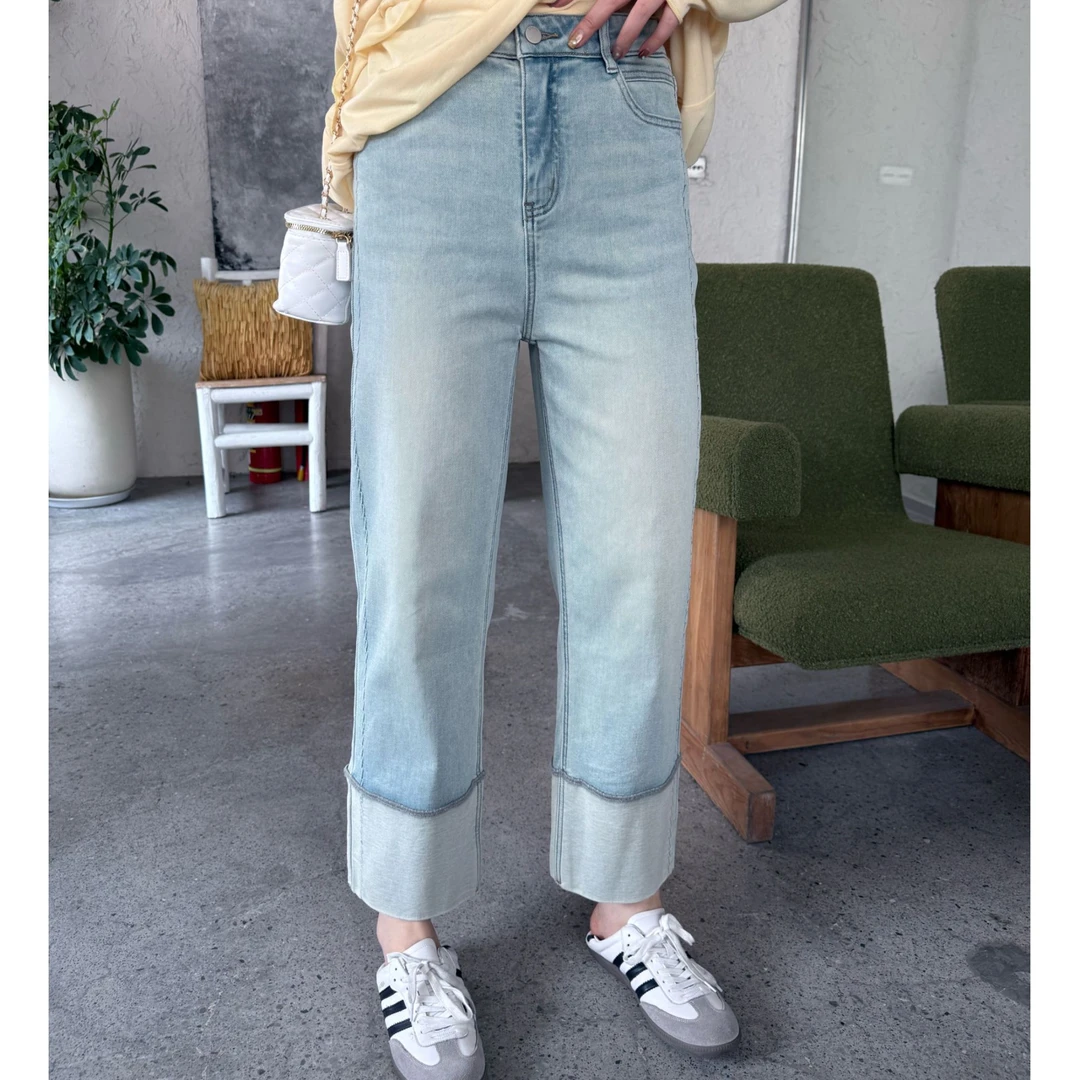 软软【面膜牛仔裤】休闲百搭时尚韩版浅色水洗翻遍九分牛仔裤