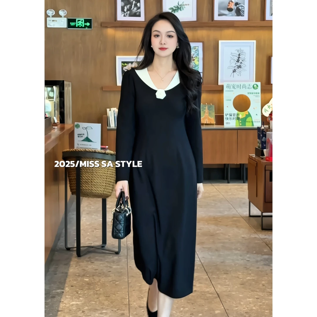 【现货下午发】春新流光锻轻奢撞色V领温柔减龄显瘦连衣裙25028203