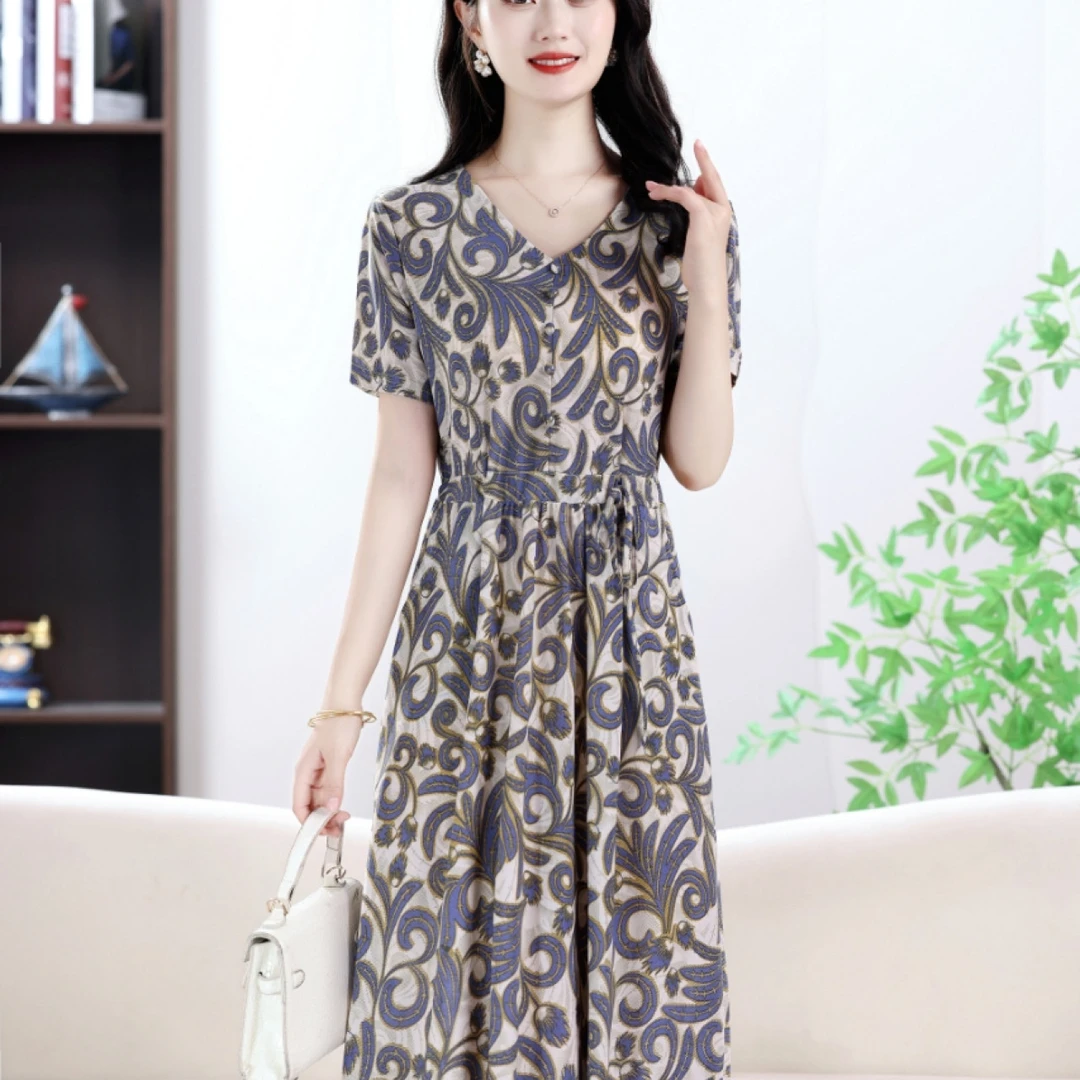 9810-夏季连衣裙休闲舒适收腰显瘦气质妈妈装【玖久姚家村82号】