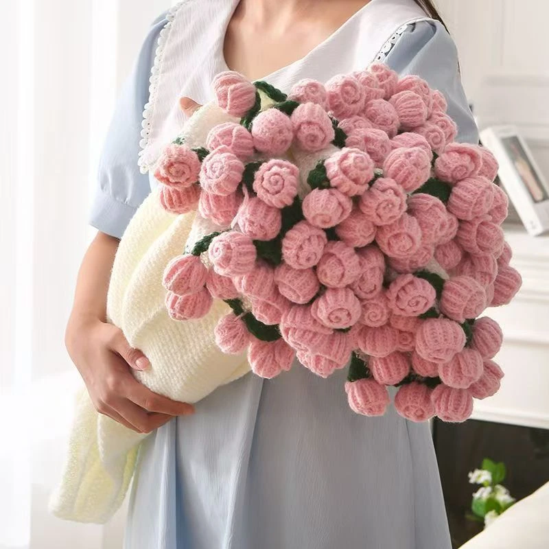 成品手工编织玫瑰花办公室午睡毛线团花毯玫瑰花束毯子成品送闺蜜