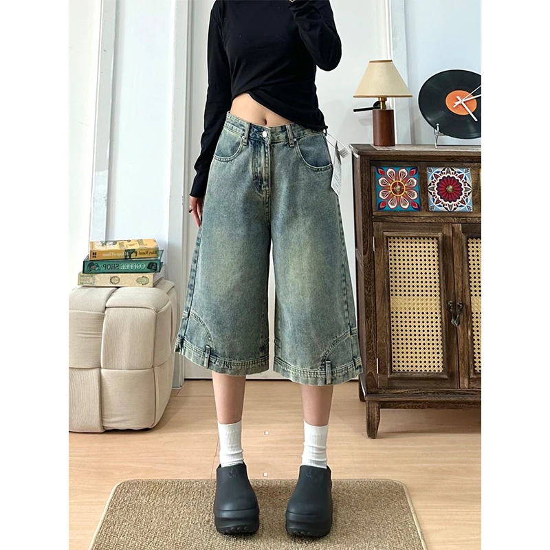 大码美式高腰怀旧蓝七分牛仔裤女夏季设计感倒装设计感阔腿中裤潮