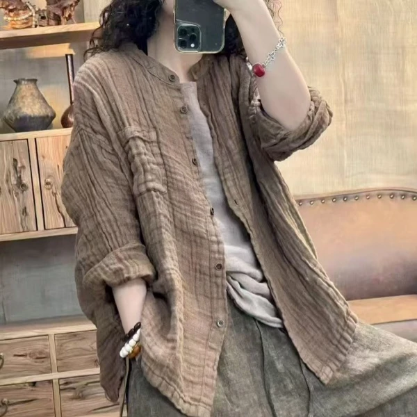 瑞舒8615秋季新款时尚百搭女上衣做旧亚麻排口衣服（长65胸围120）