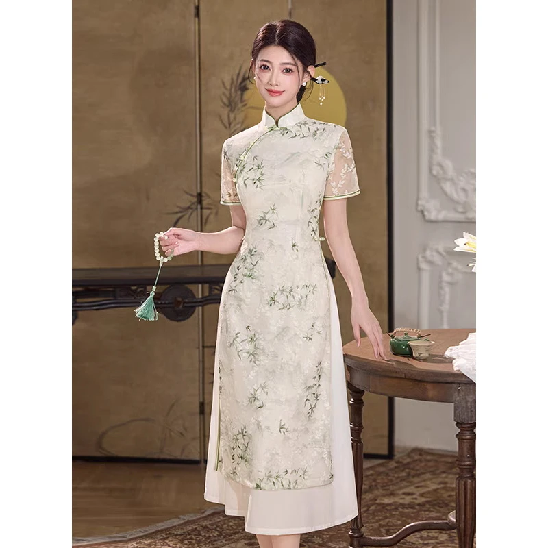 A102728,夏季新款新中式复古民国风修身显瘦奥黛改良旗袍裙