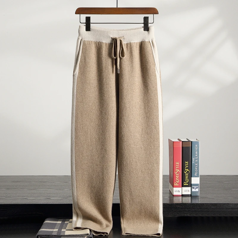 两侧竖条加厚直筒裤~秋冬新款100%山羊绒男士休闲时尚针织羊绒裤