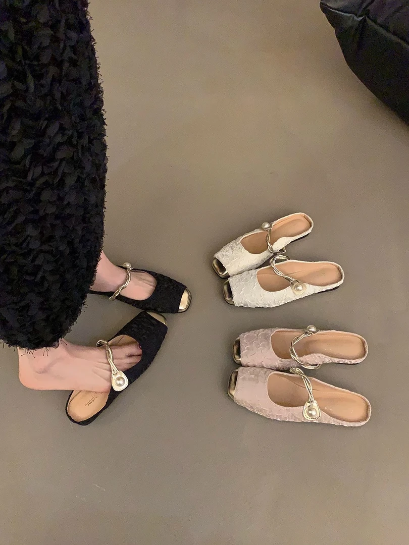 小香风平底玛丽珍半拖鞋包头凉拖女鞋夏季新款法式复古一字带单鞋