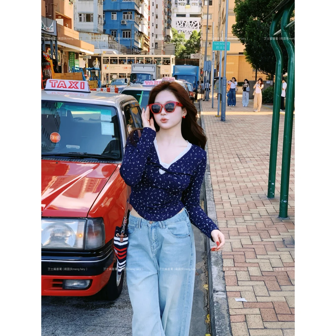 萌面侠芝士现货【蓝屿花叙】蕾丝拼接上衣纯欲慵懒风女装6334流光风