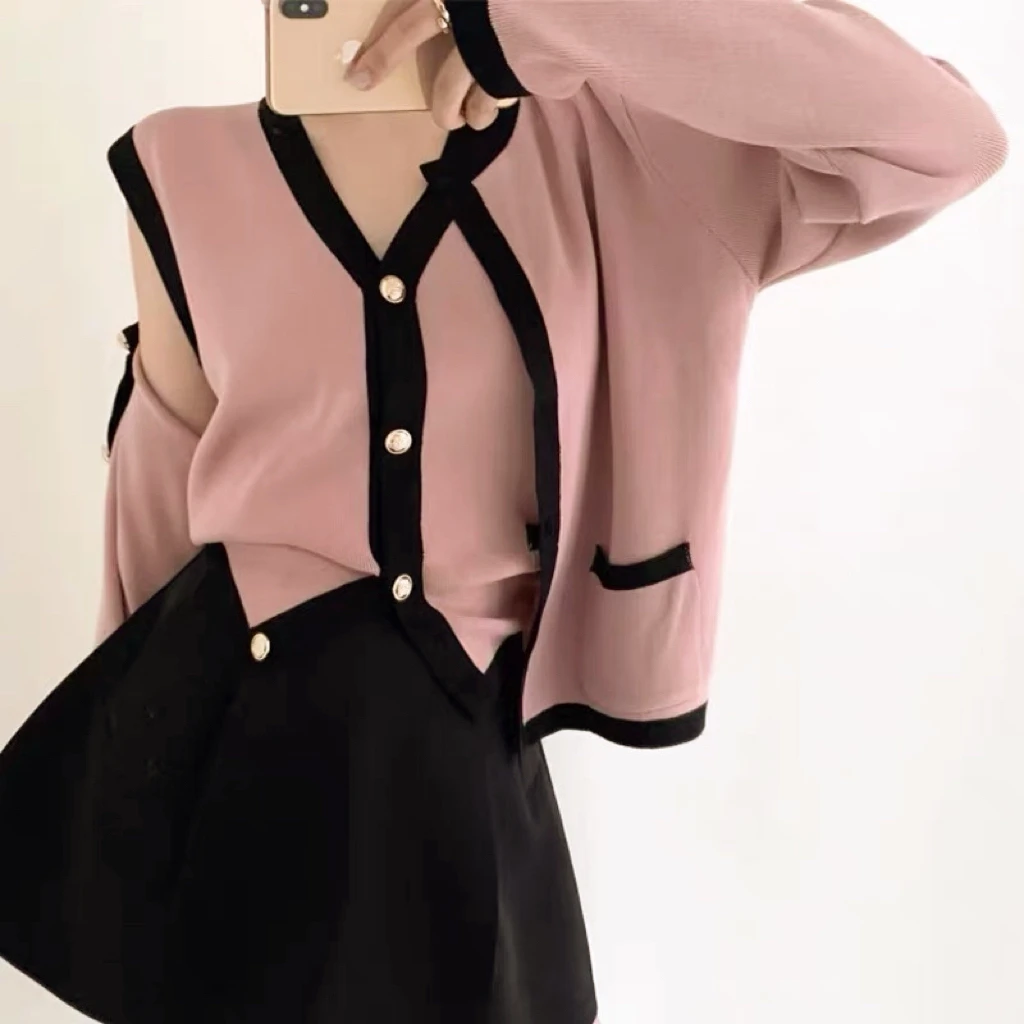 肉肉家*大码小香风气质针织开衫+无袖背心两件套秋季